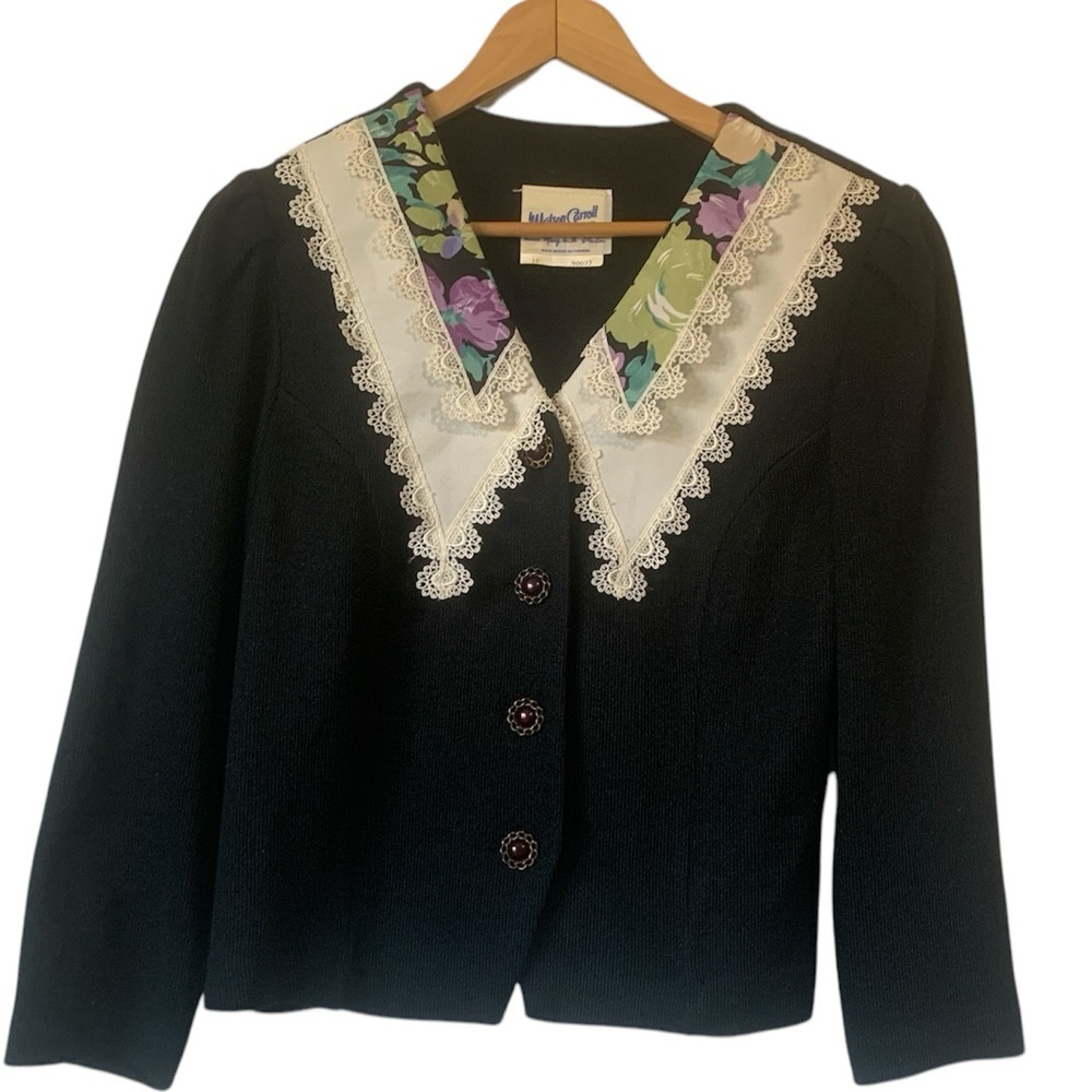 Vintage Black Sweater Cardigan Jacket with Floral Collar Accents Woman Size 10